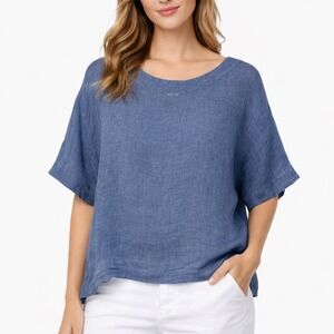 Pure Jill Linen Blue Short Sleeve Cropped Top Women's Size S Relaxed Fit